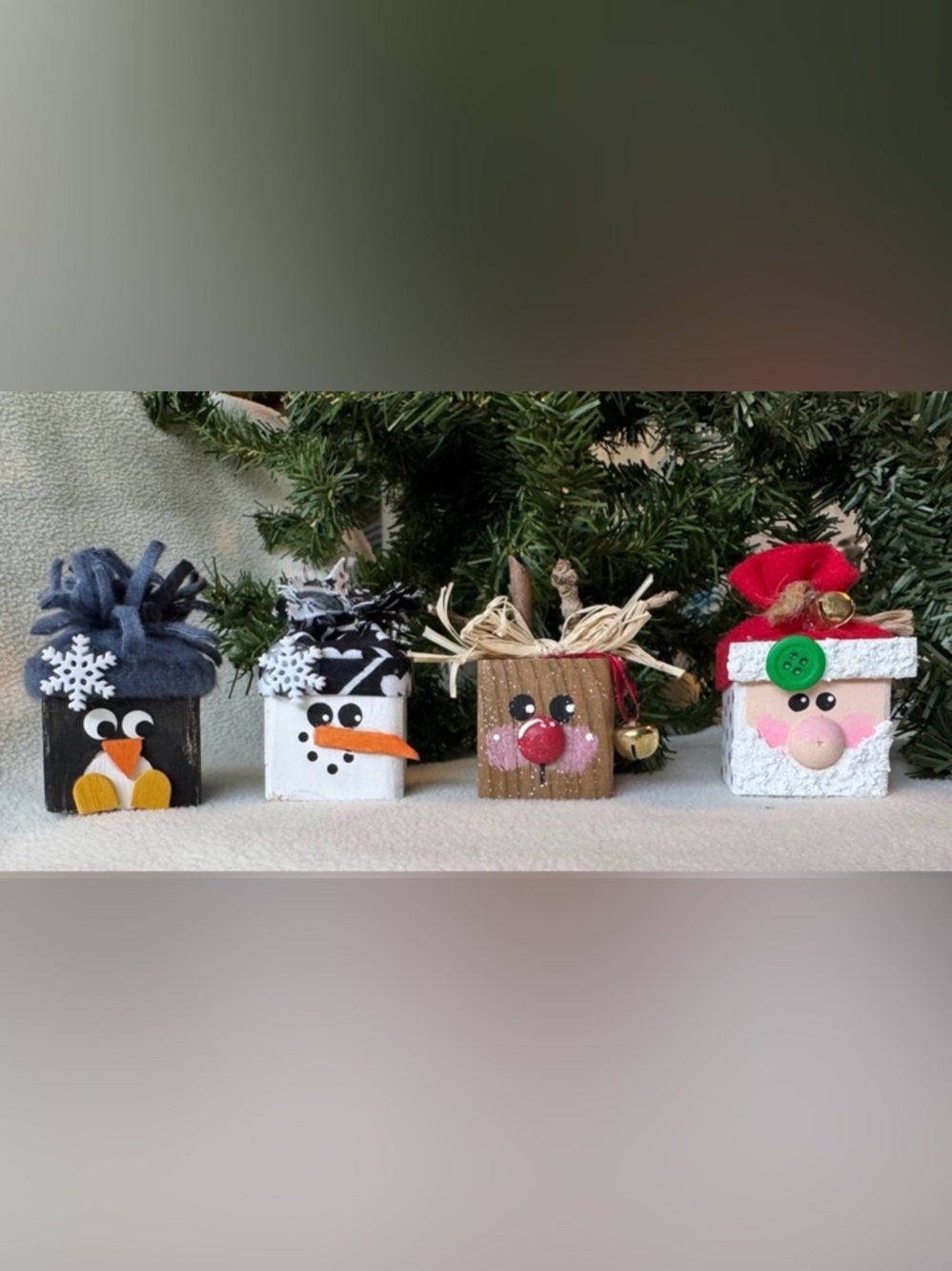 Christmas Set of 4, Handcrafted Snowman, Santa, Reindeer, Penguin Cubes/Blocks